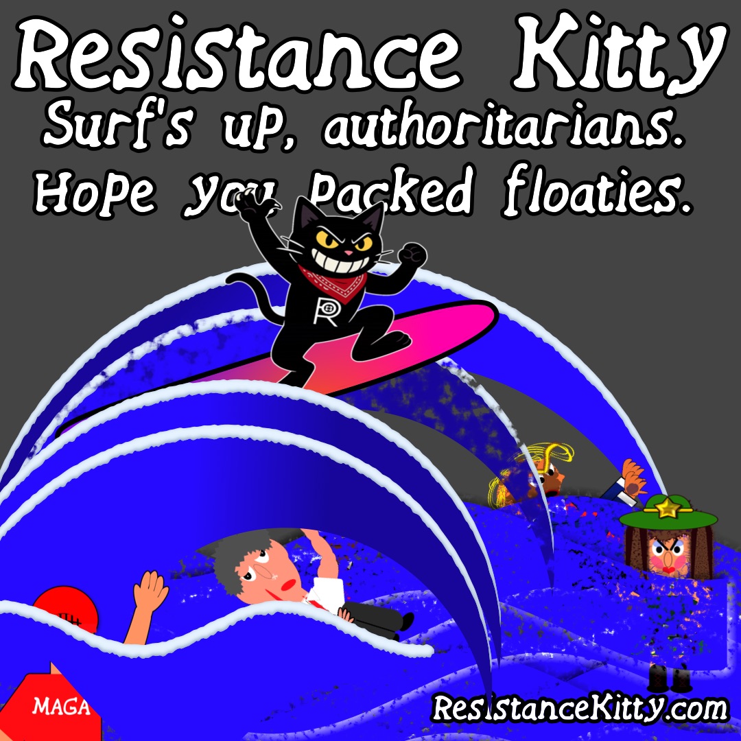 Resistance kitty says ”Surf’s up, authoritarians. Hope you packed floaties.”