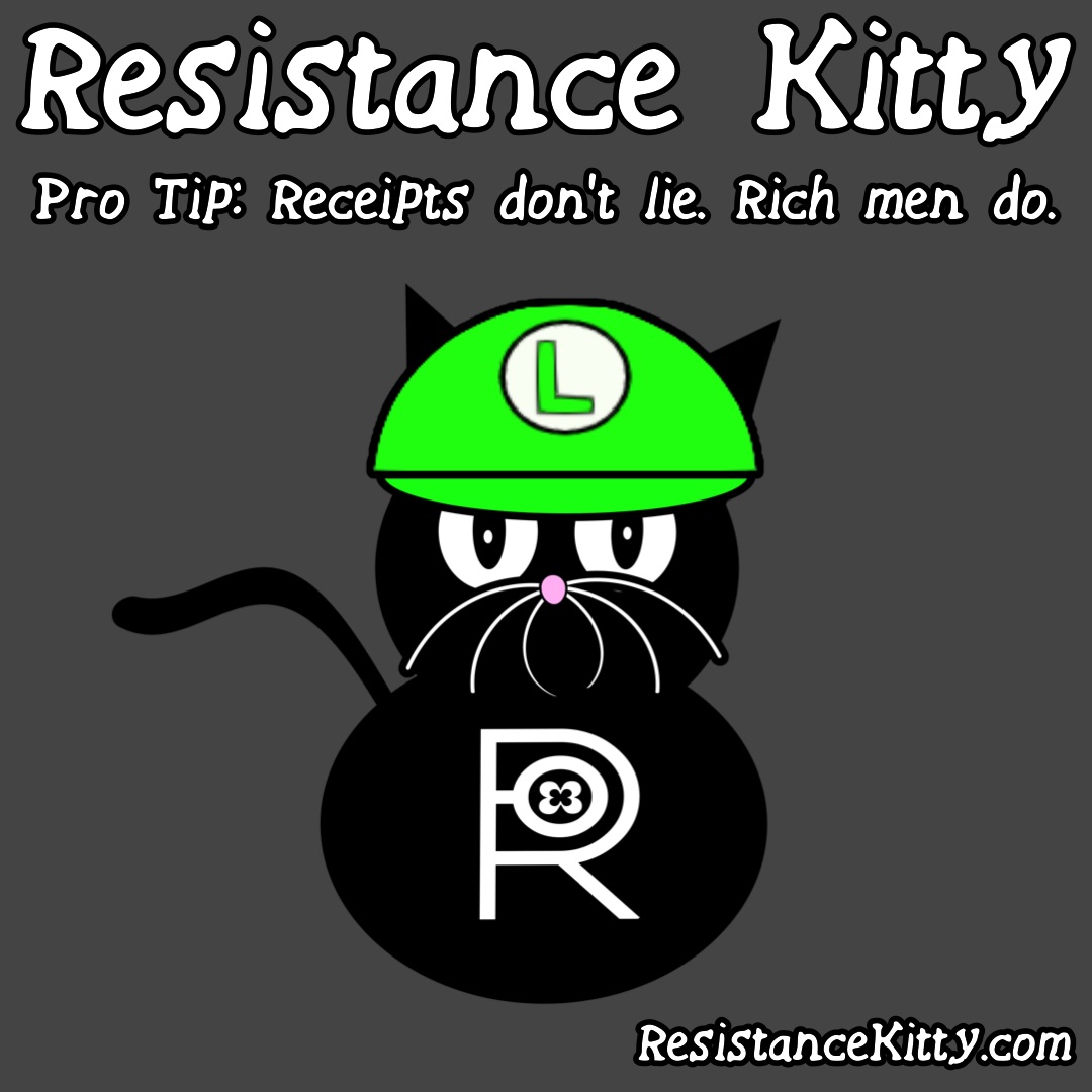 Resistance Kitty says “Receipts don’t lie. Rich men do.”