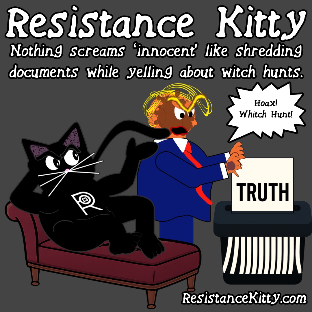 Resistance Kitty says “Nothing screams ‘innocent’ like shredding documents while yelling about witch hunts.”