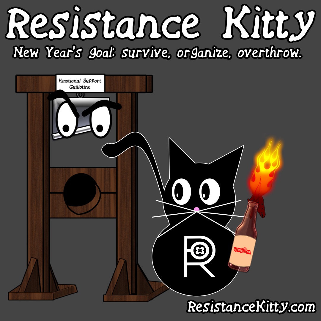 Resistance Kitty says “New Year’s goal: survive, organize, overthrow.”