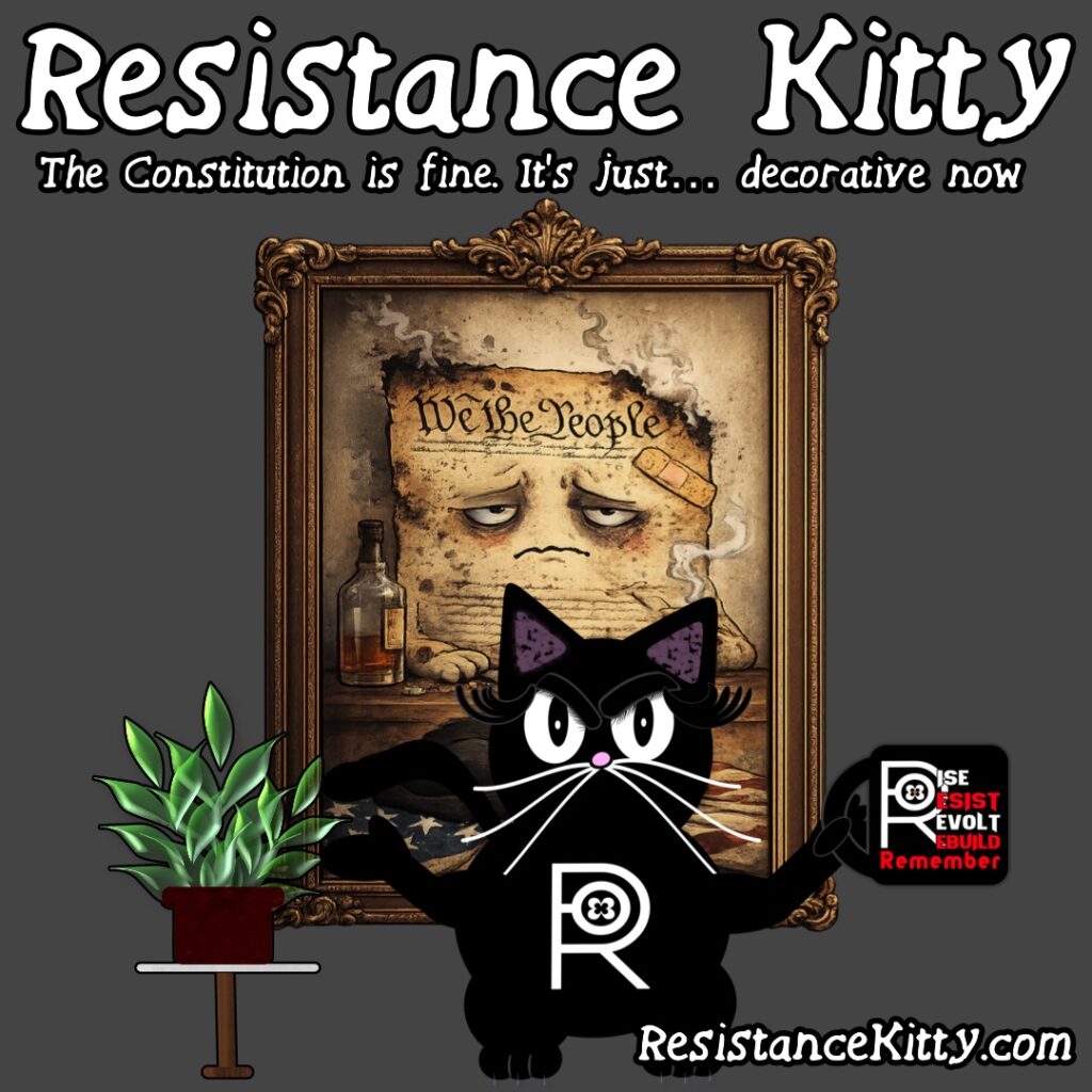 Resistance Kitty says “The Constitution is fine. It’s just… decorative now.”