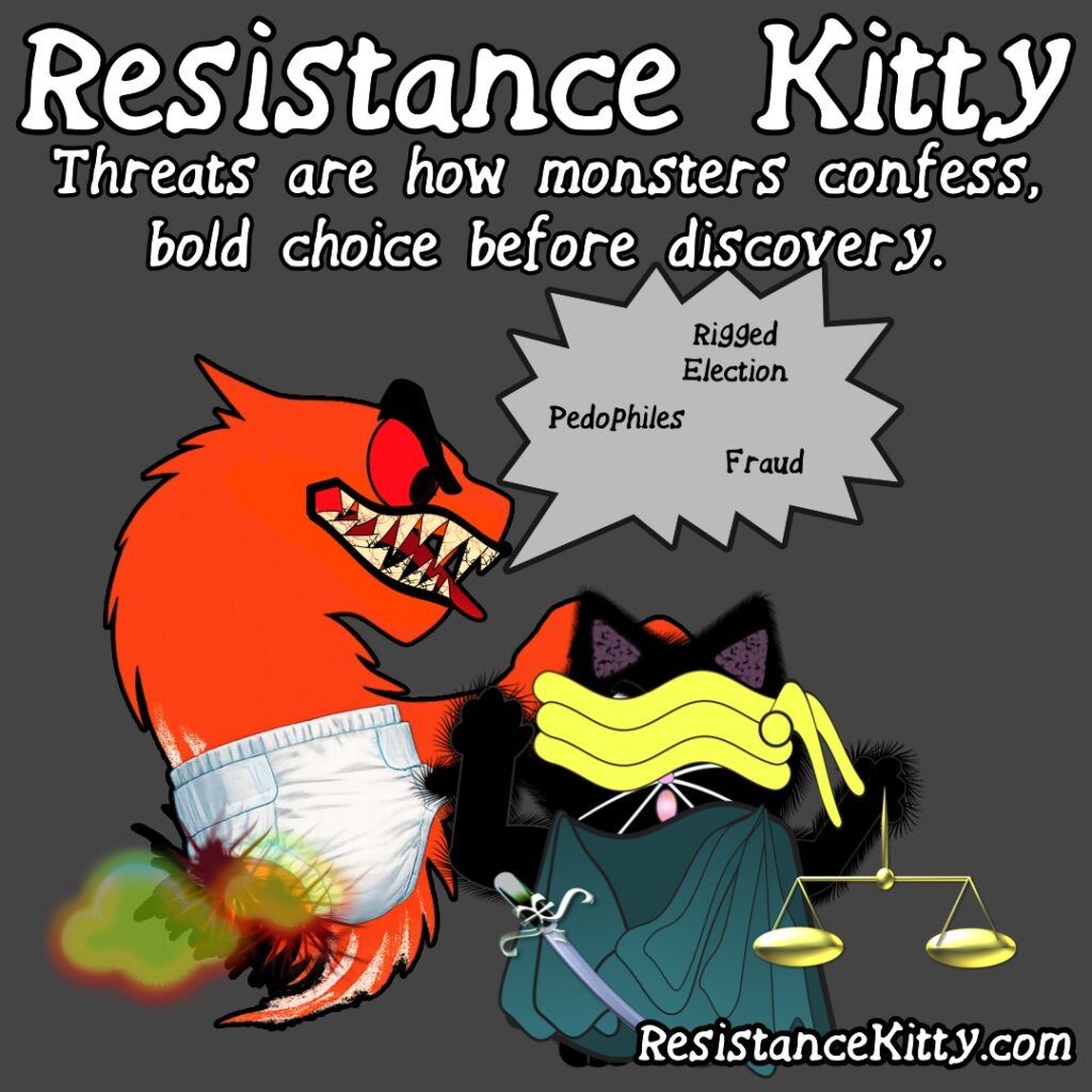 Resistance Kitty says “Threats are how monsters confess, bold choice before discovery.”