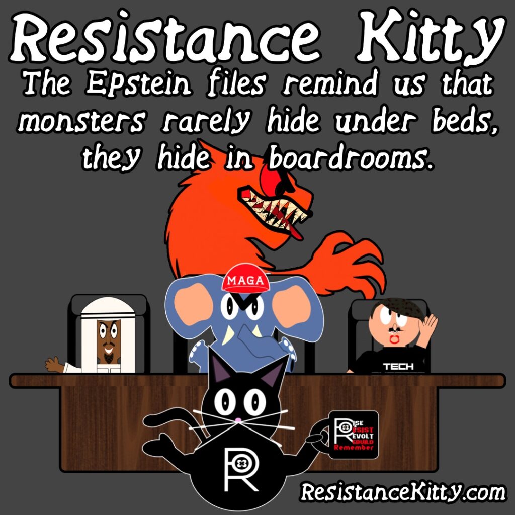Resistance Kitty says “The Epstein files remind us that monsters rarely hide under beds. They hide in boardrooms.”