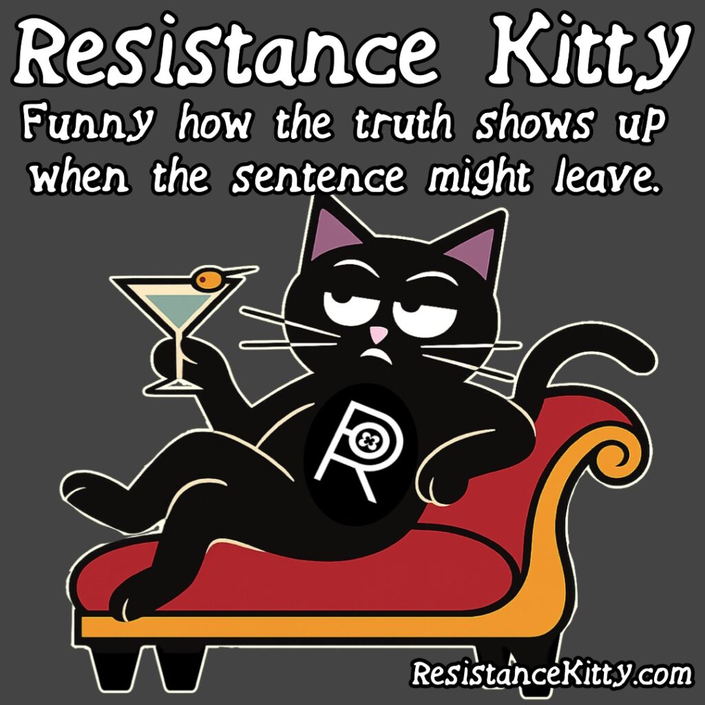 Resistance Kitty says “Funny how the truth shows up when the sentence might leave.”