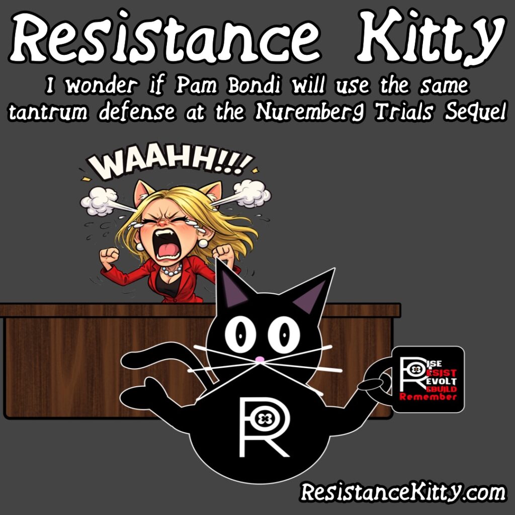 Resistance Kitty says “I wonder if Pam Bondi will use the same tantrum defense at the Nuremberg Trials Sequel”