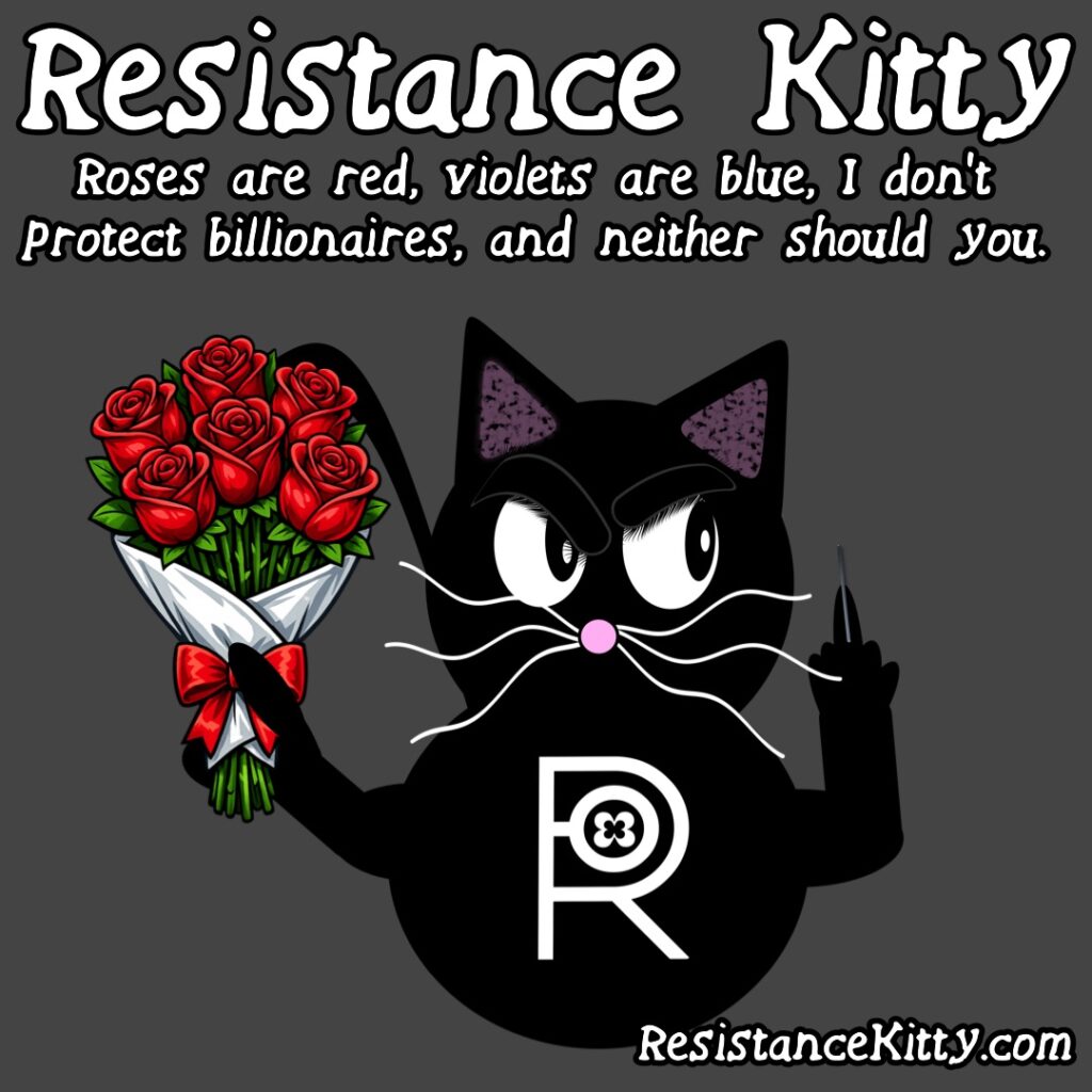 Resistance Kitty says “Roses are red, violets are blue, I don’t protect billionaires, and neither should you.”