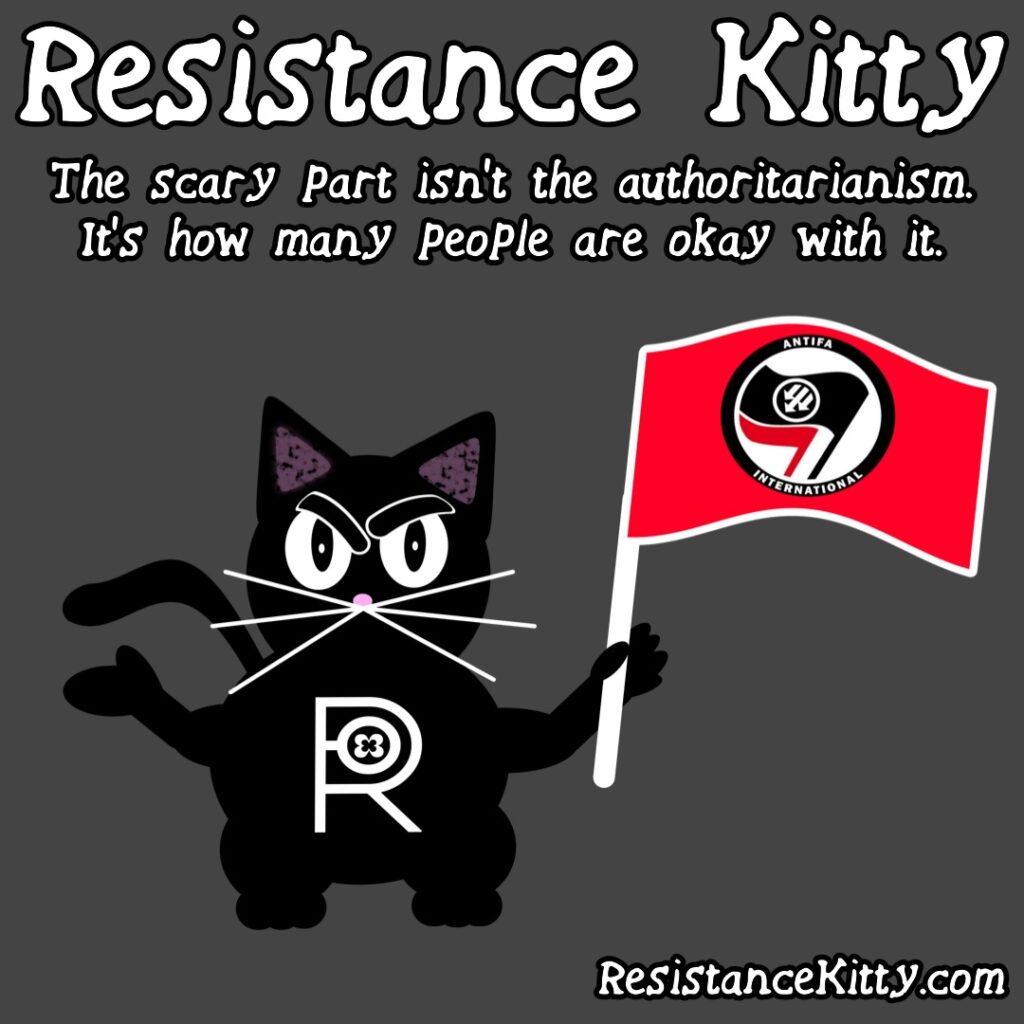 Resistance Kitty says “The scary part isn’t the authoritarianism. It’s how many people are okay with it.”