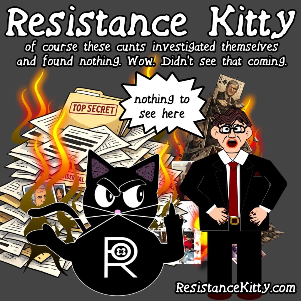 Resistance Kitty says “of course these cunts investigated themselves and found nothing. Wow. Didn’t see that coming.”