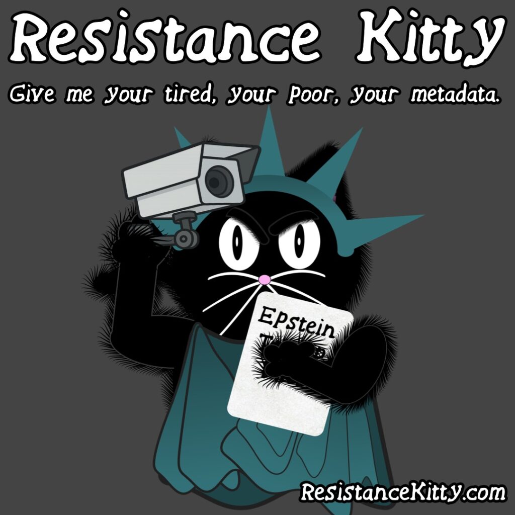 Resistance Kitty says “Give me your tired, your poor, your metadata.” Image: Statue of Liberty holding a surveillance camera instead of a torch