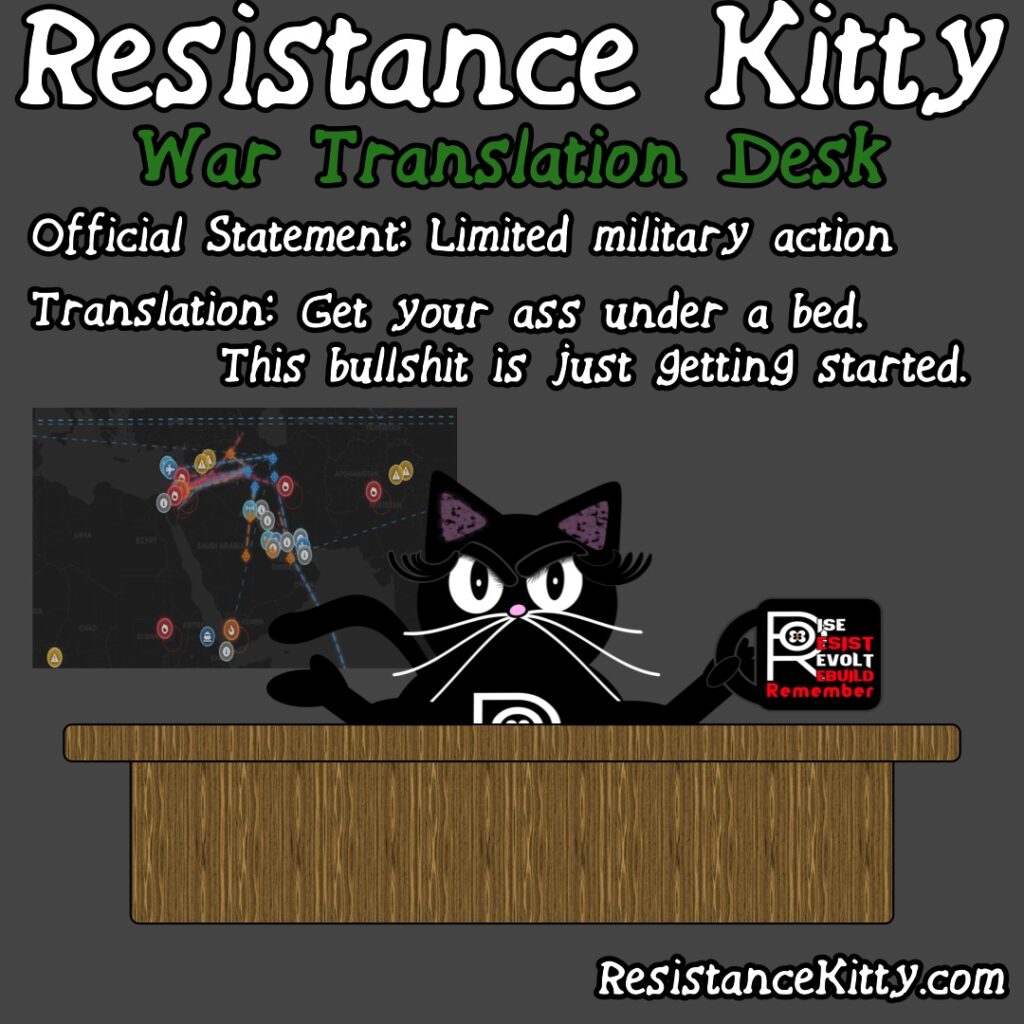 “Official Statement: Limited military action” Resistance Kitty says “Translation: Get your ass under a bed. This bullshit is just getting started.”