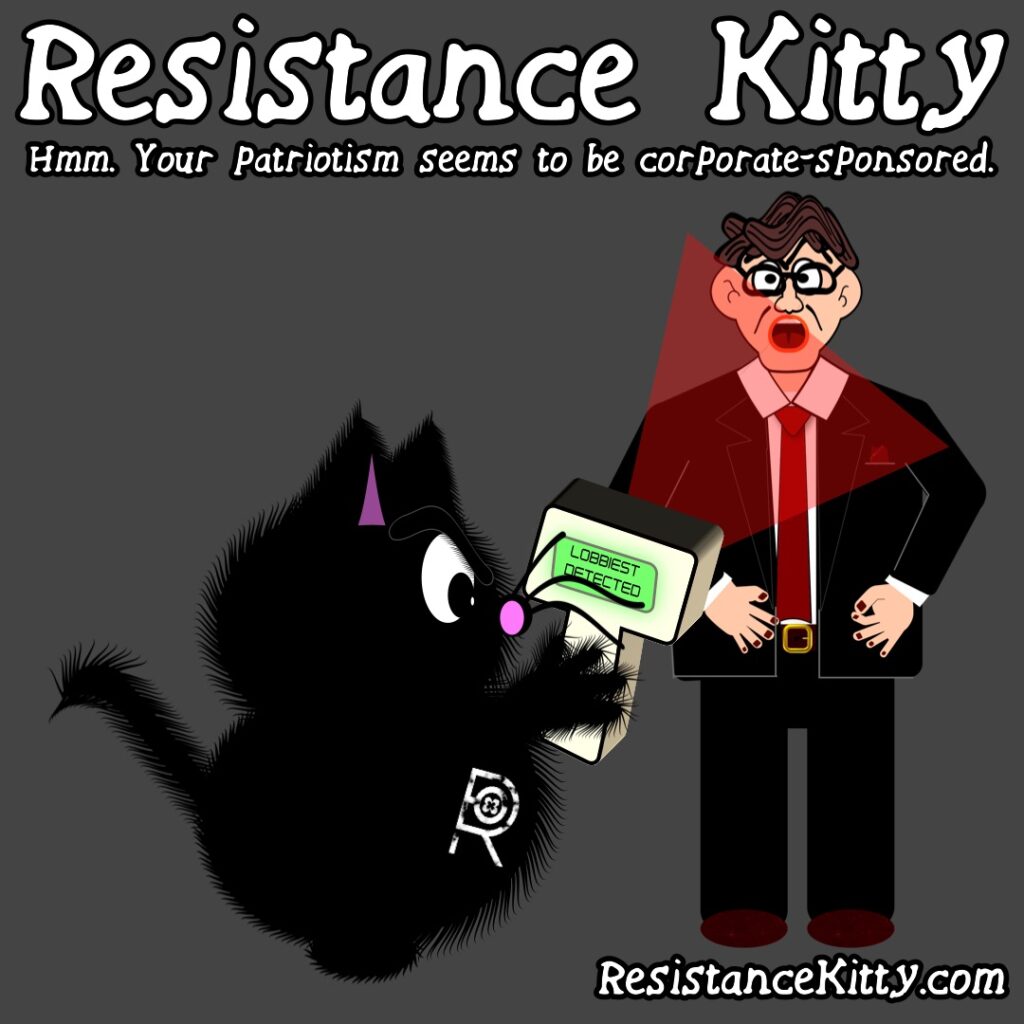 Resistance Kitty says “Hmm. Your patriotism seems to be corporate-sponsored.”