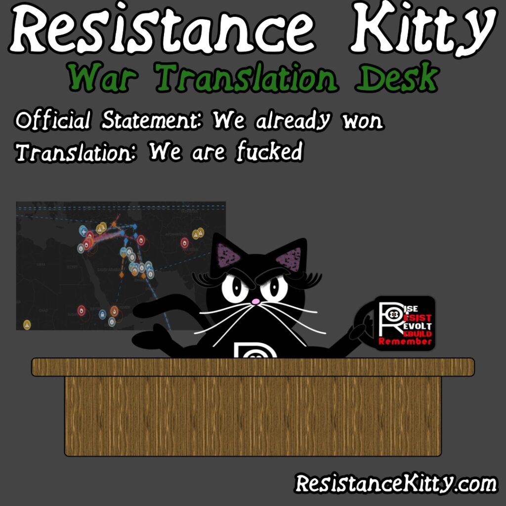 Resistance Kitty says “Official Statement: We already won” “Translation: We are fucked”