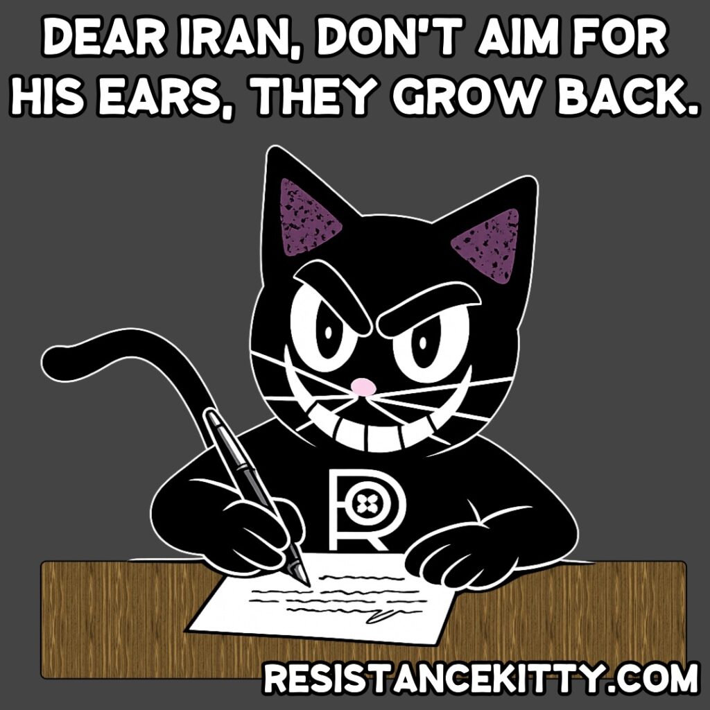 Resistance kitty says “Dear Iran, Don’t aim for his ears, they grow back”