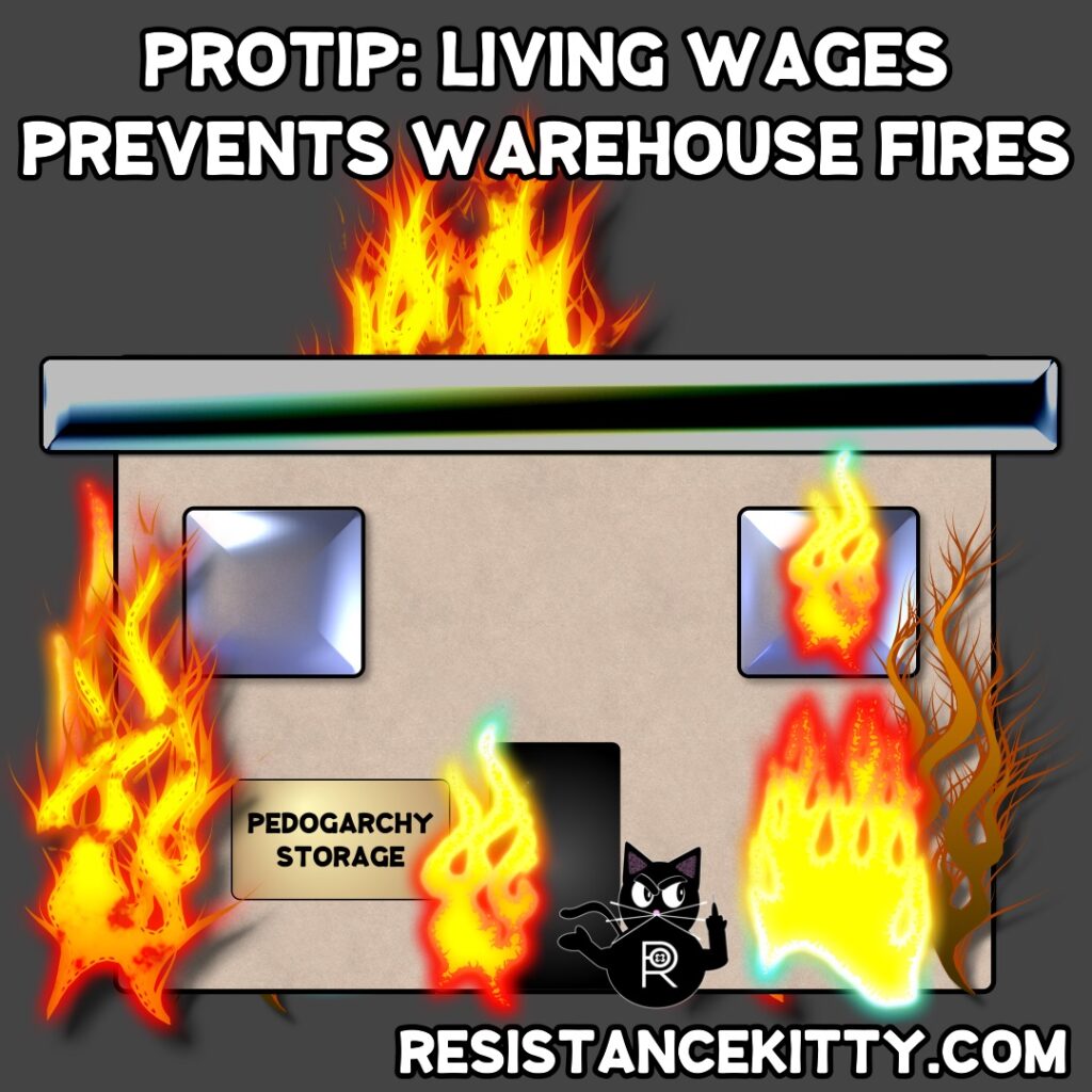 Resistance Kitty says “ProTip: Living wages prevents warehouse fires”