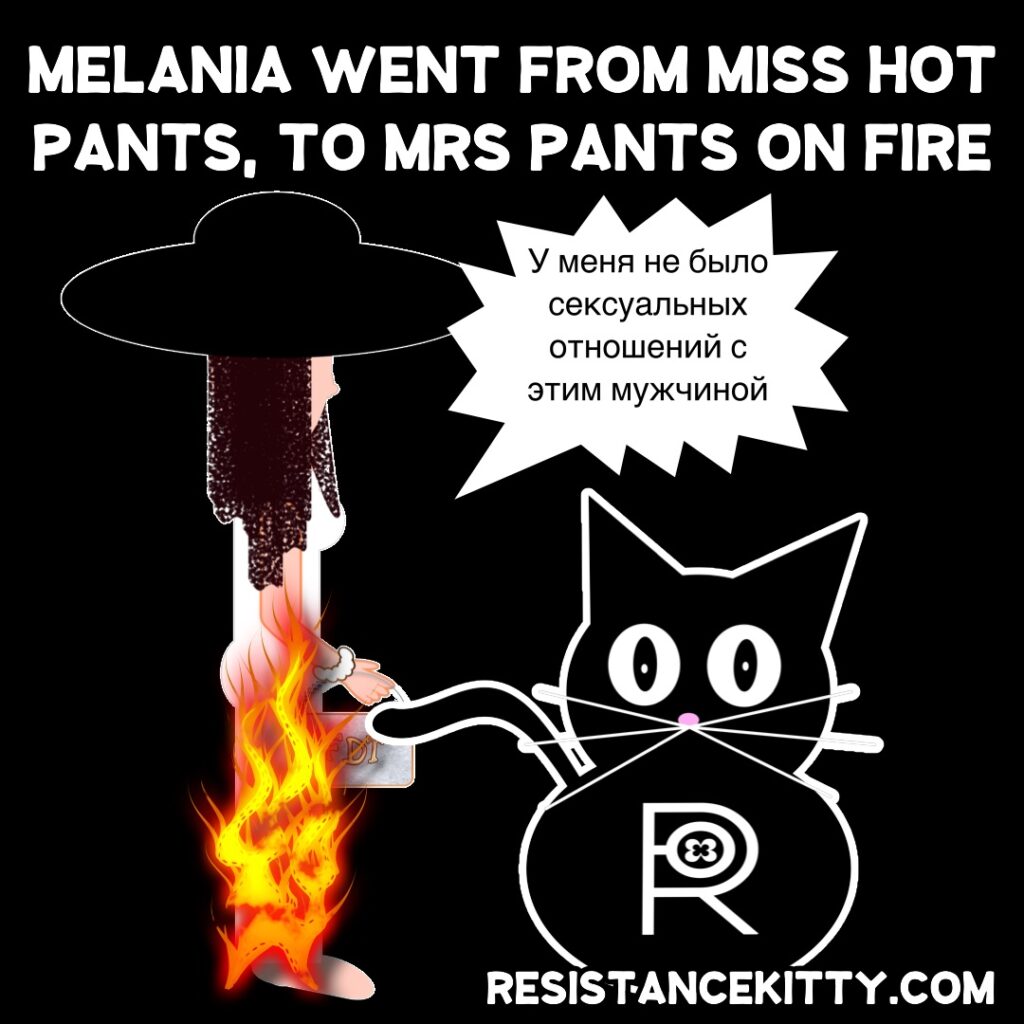 Resistance Kitty says, “Melania went from Miss hot pants, to Mrs pants on fire.”