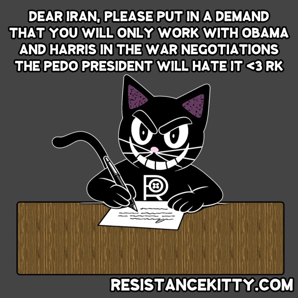 Resistance Kitty wrote “Dear Iran, please put in a demand that you will only work with Obama and Harris in the war negotiations the pedo president will hate it