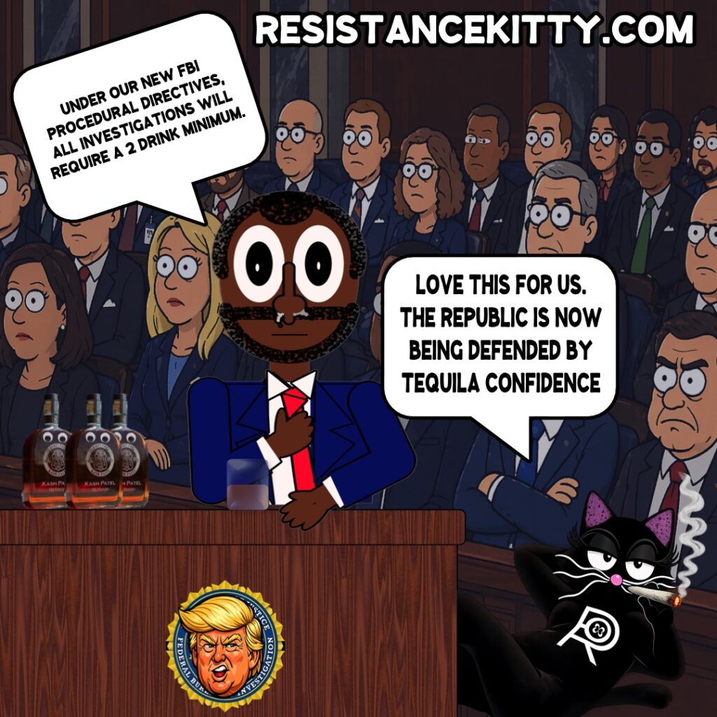 Ka$h Patel says, “Under our new FBI procedural directives, all investigations will require a 2 drink minimum.” Resistance Kitty says, “Love this for us. The republic is now being defended by tequila confidence”