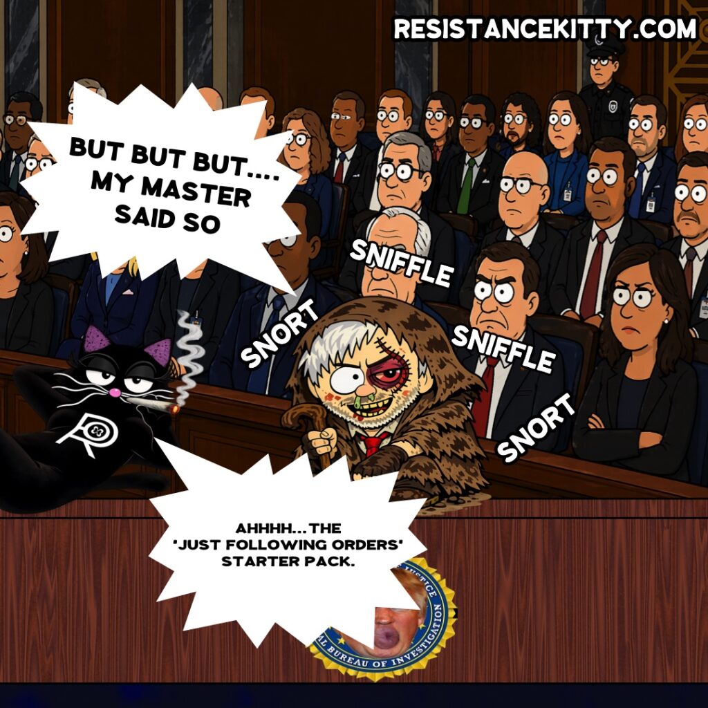 AG Ygor “Reek” Blanche, “but but but…. Master said so” Resistance Kitty says, “Ahhh….The ‘just following orders’ starter pack.”