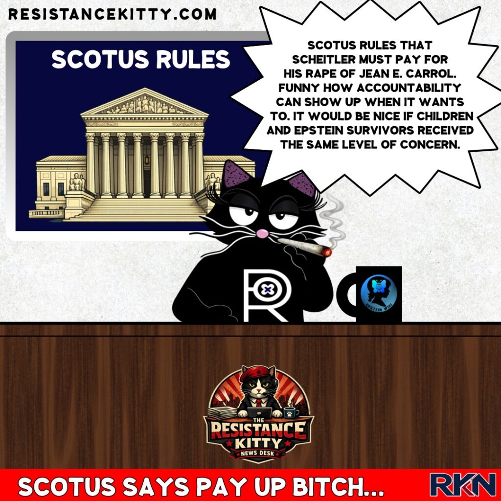 Resistance Kitty says, “SCOTUS rules that scheitler must pay for his rape of Jean E. Carrol. Funny how accountability can show up when it wants to. It would be nice if children and Epstein Survivors received the same level of concern."
