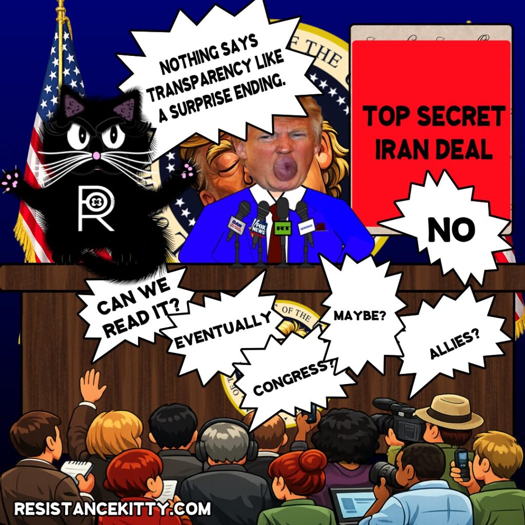 Reporter: "Can we read it?" Trump: "Eventually." Reporter:"Congress?" Trump:"Maybe." Reporter:"Allies?" Trump:"No." Resistance Kitty: ”Nothing says transparency like a surprise ending."
