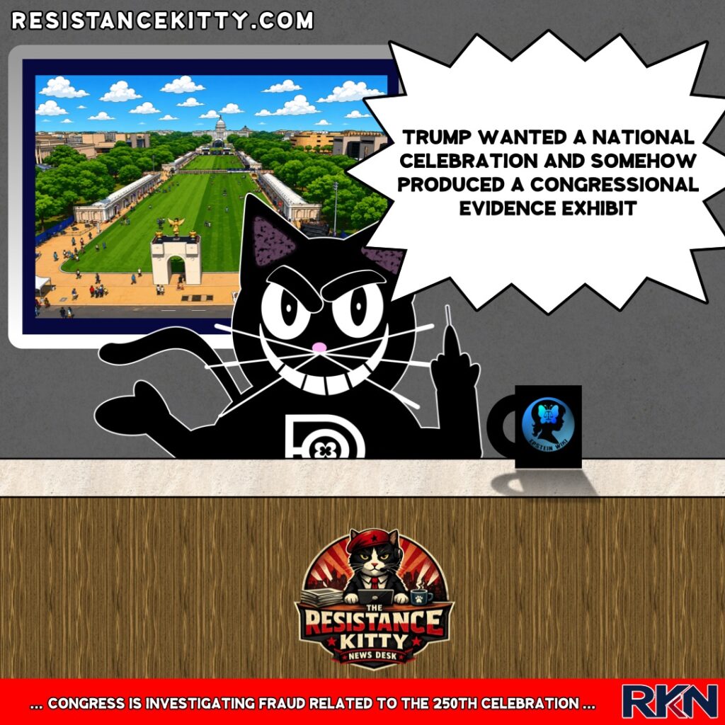 Resistance Kitty says, “Trump wanted a national celebration and somehow produced a congressional evidence exhibit”