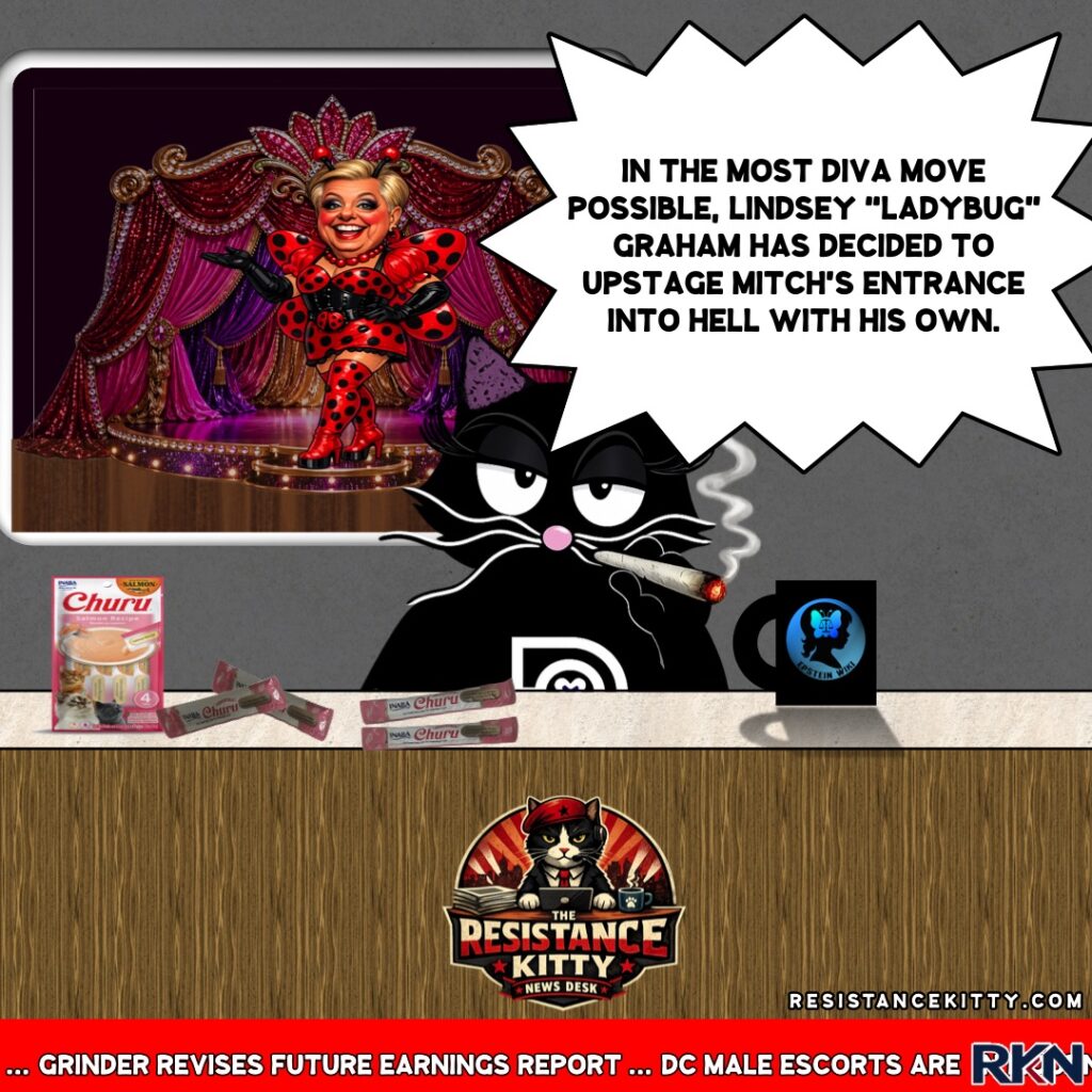 Resistance Kitty says, “In the most diva move possible, Lindsey “ladybug” Graham has decided to upstage Mitch’s entrance into hell with his own.”