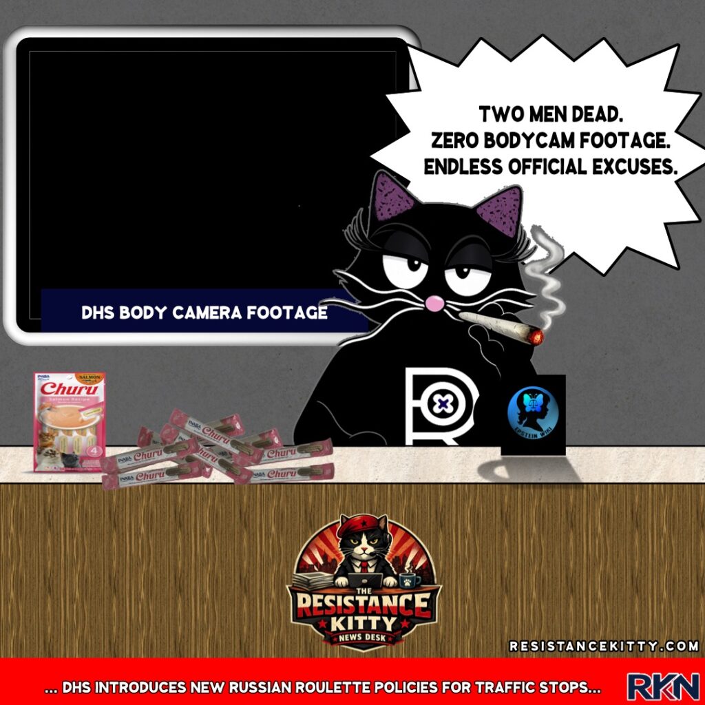 Resistance Kitty says, “TWO MEN DEAD. ZERO BODYCAM FOOTAGE. ENDLESS OFFICIAL EXCUSES.”