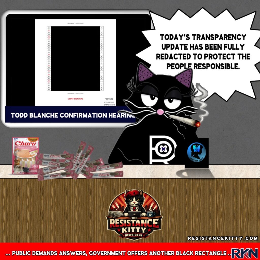 Resistance Kitty says, “Today’s transparency update has been fully redacted to protect the people responsible.”