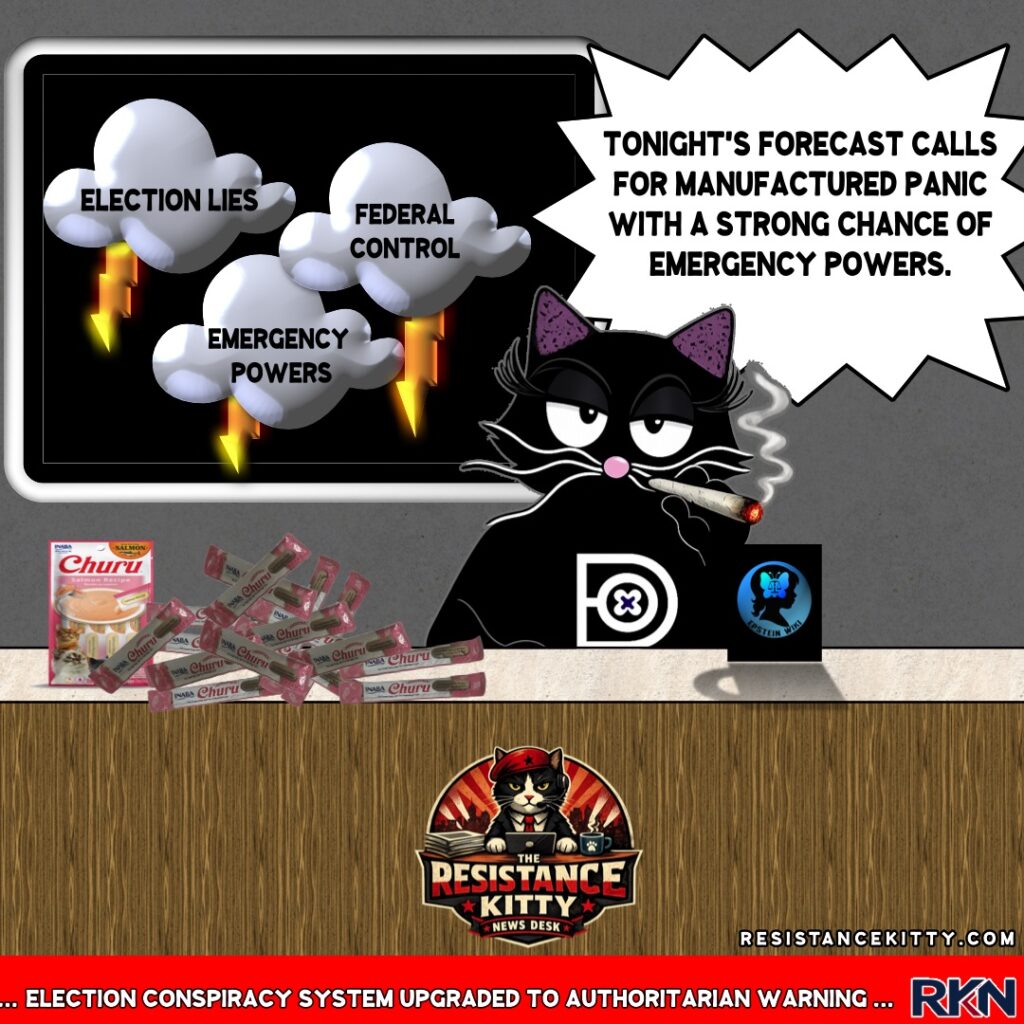Resistance Kitty says: “Tonight’s forecast calls for manufactured panic with a strong chance of emergency powers.”