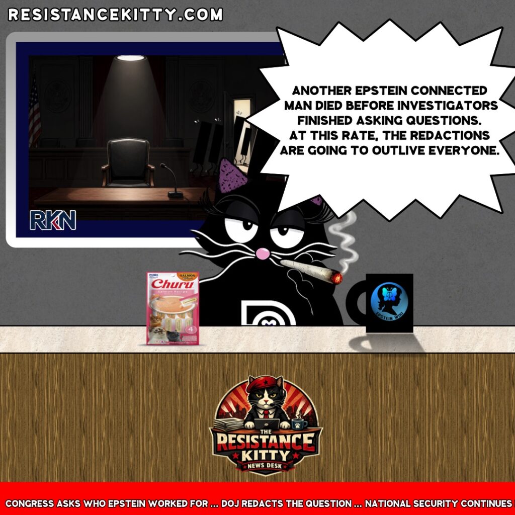 Resistance Kitty says, “Another Epstein connected man died before investigators finished asking questions. At this rate, the redactions are going to outlive everyone.”