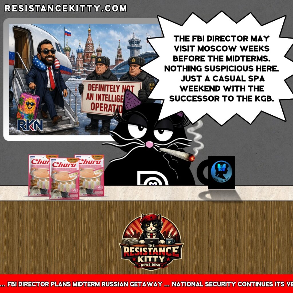 Resistance Kitty says, “The FBI director may visit Moscow weeks before the midterms. Nothing suspicious here. Just a casual spa weekend with the successor to the KGB.”