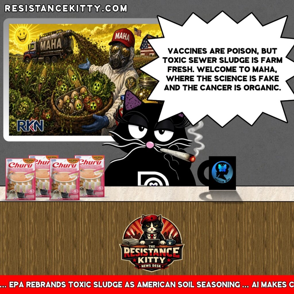 Resistance Kitty says,“Vaccines are poison, but toxic sewer sludge is farm fresh. Welcome to MAHA, where the science is fake and the cancer is organic.”