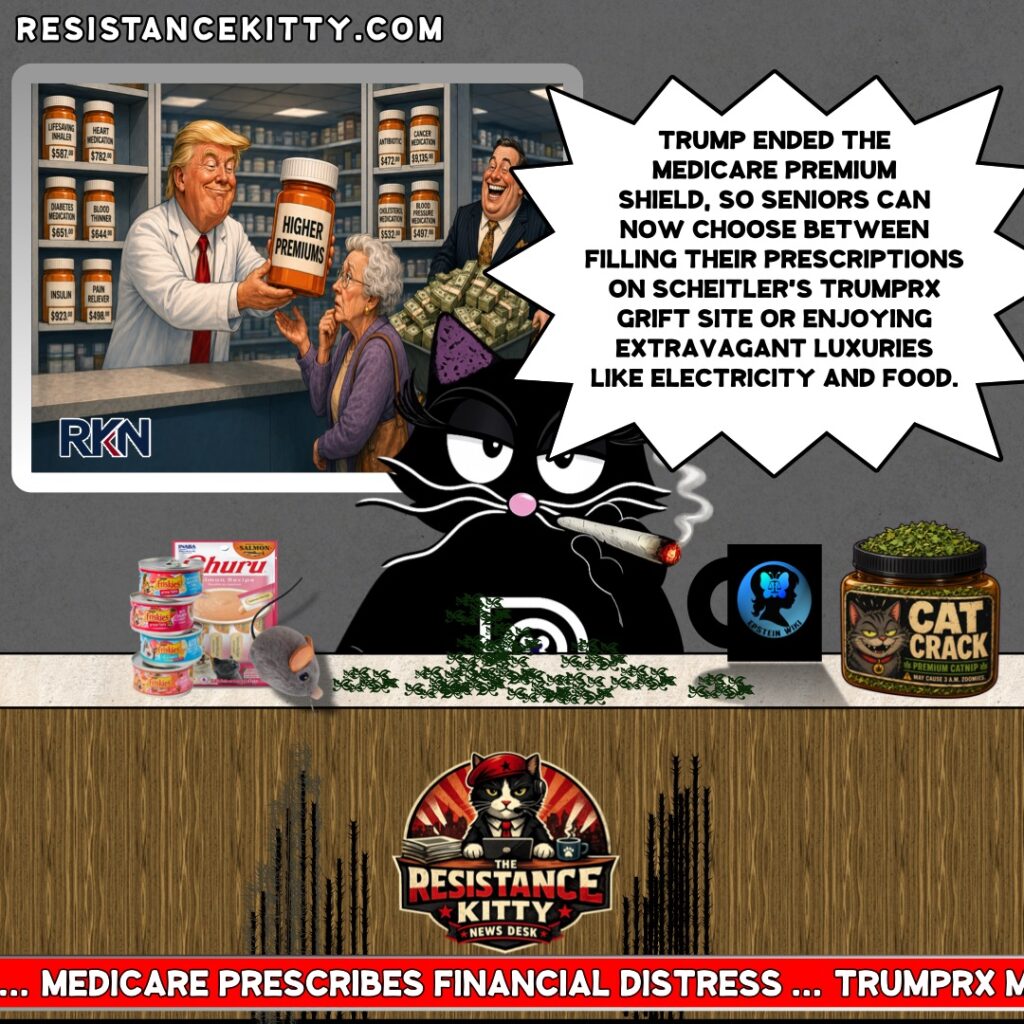 Resistance kitty says, “Trump ended the Medicare premium shield, so seniors can now choose between filling their prescriptions on Scheitler’s TrumpRX grift site or enjoying extravagant luxuries like electricity and food.”