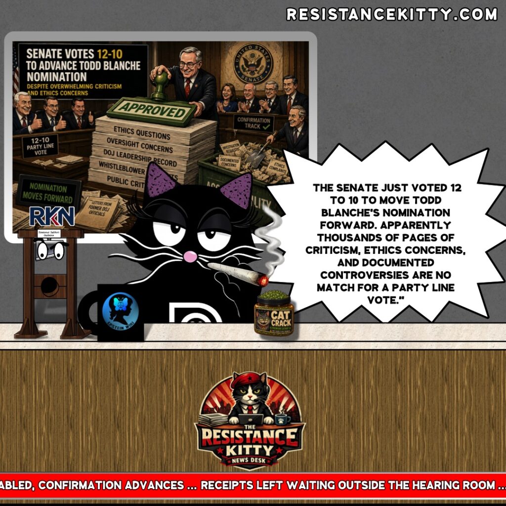 Resistance Kitty says "The Senate just voted 12 to 10 to move Todd Blanche's nomination forward. Apparently thousands of pages of criticism, ethics concerns, and documented controversies are no match for a party line vote."