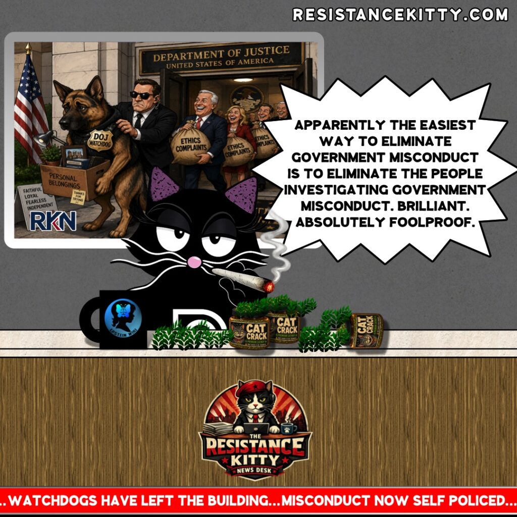 Resistance Kitty says,"Apparently the easiest way to eliminate government misconduct is to eliminate the people investigating government misconduct. Brilliant. Absolutely foolproof."