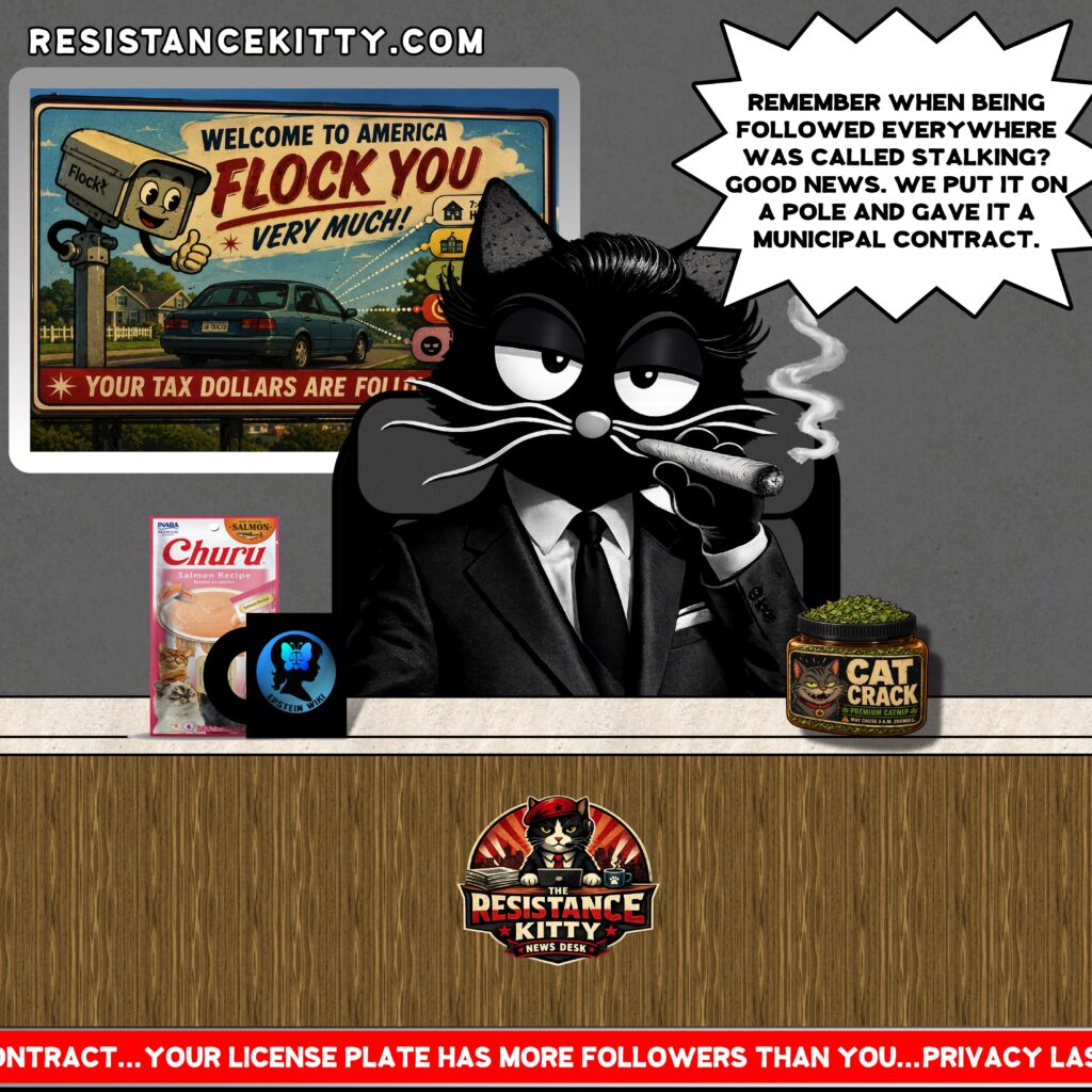 Resistance Kitty says, “Remember when being followed everywhere was called stalking? Good news. We put it on a pole and gave it a municipal contract.”