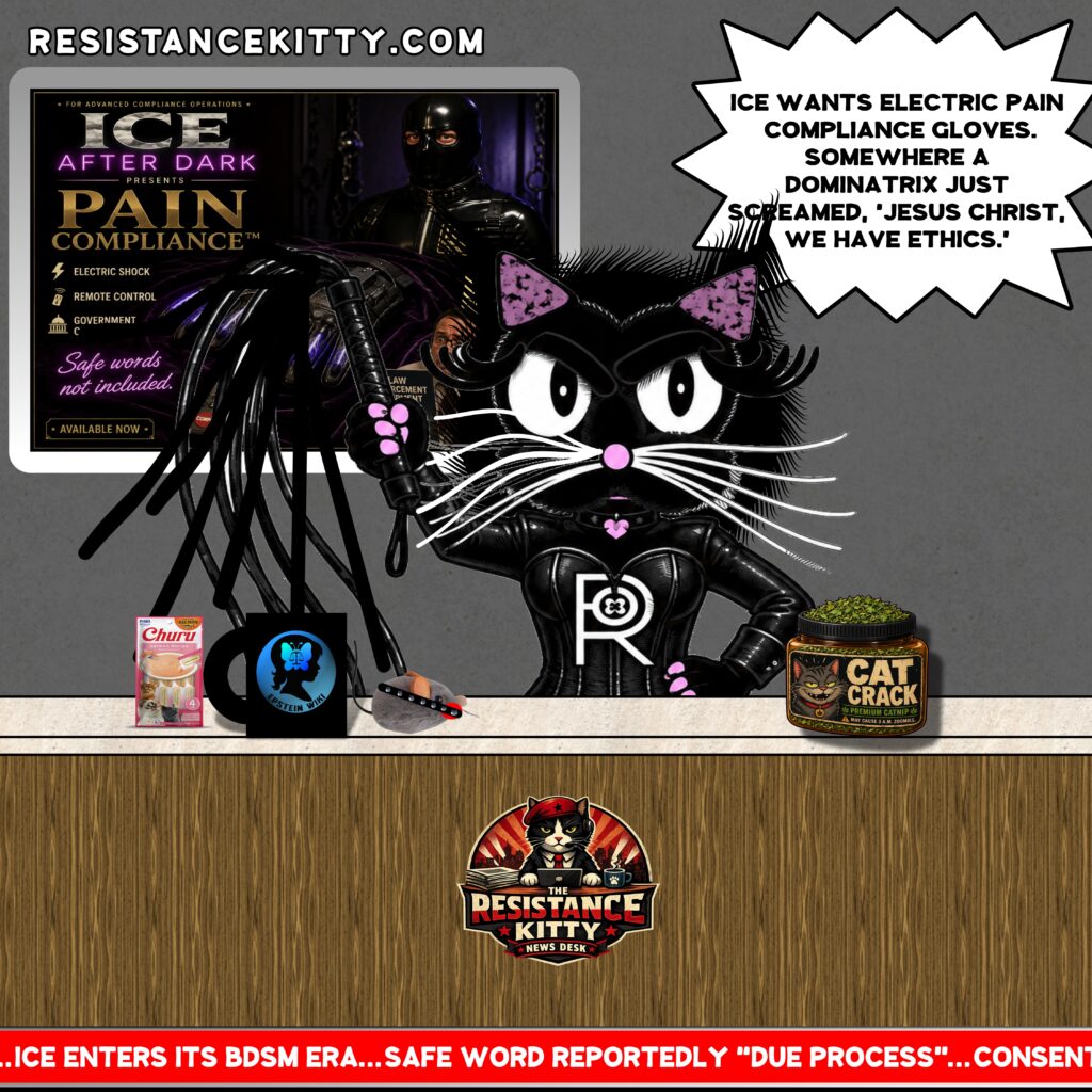 Resistance Kitty says, “ICE wants electric pain compliance gloves. Somewhere a dominatrix just screamed, ‘Jesus Christ, we have ethics.’”