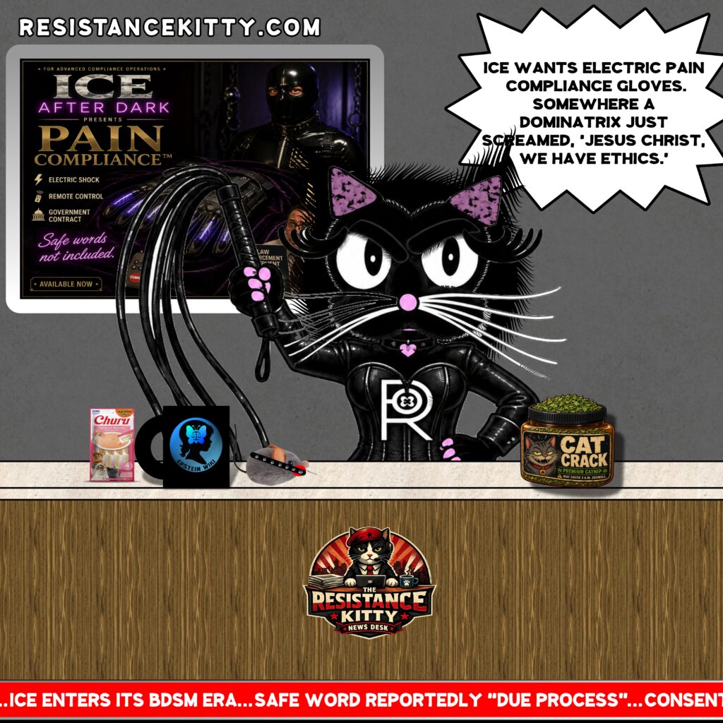 Resistance Kitty says, “ICE wants electric pain compliance gloves. Somewhere a dominatrix just screamed, ‘Jesus Christ, we have ethics.’”