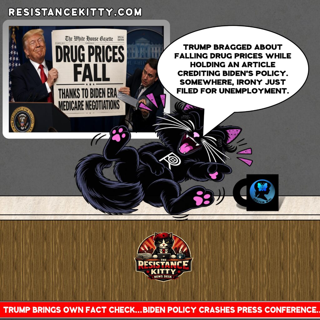 Resistance Kitty say, “Trump bragged about falling drug prices while holding an article crediting Biden's policy. Somewhere, irony just filed for unemployment.”