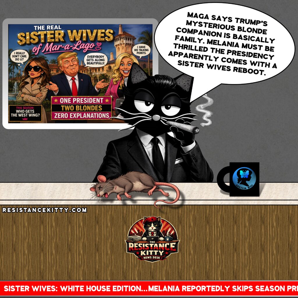 Resistance Kitty says “MAGA says Trump's mysterious blonde companion is basically family. Melania must be thrilled the presidency apparently comes with a Sister Wives reboot.”