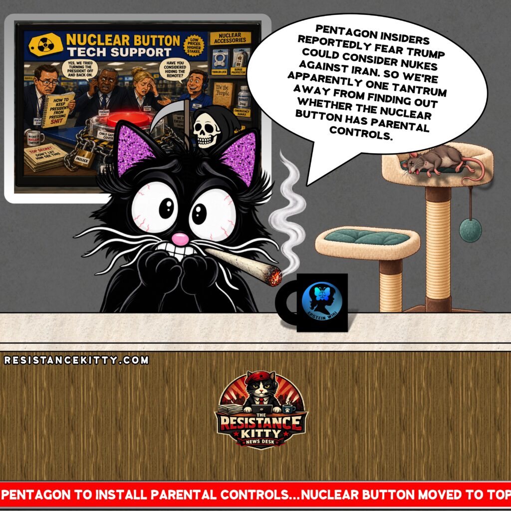 Resistance Kitty says, “Pentagon insiders reportedly fear Trump could consider nukes against Iran. So we're apparently one tantrum away from finding out whether the nuclear button has parental controls.”