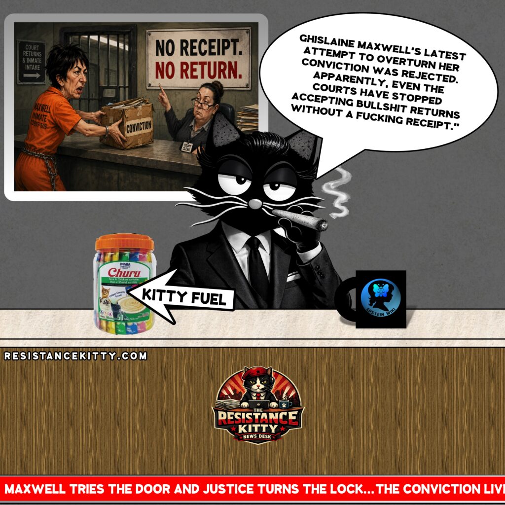 Resistance Kitty says, “Ghislaine Maxwell’s latest attempt to overturn her conviction was rejected. Apparently, even the courts have stopped accepting bullshit returns without a fucking receipt.”