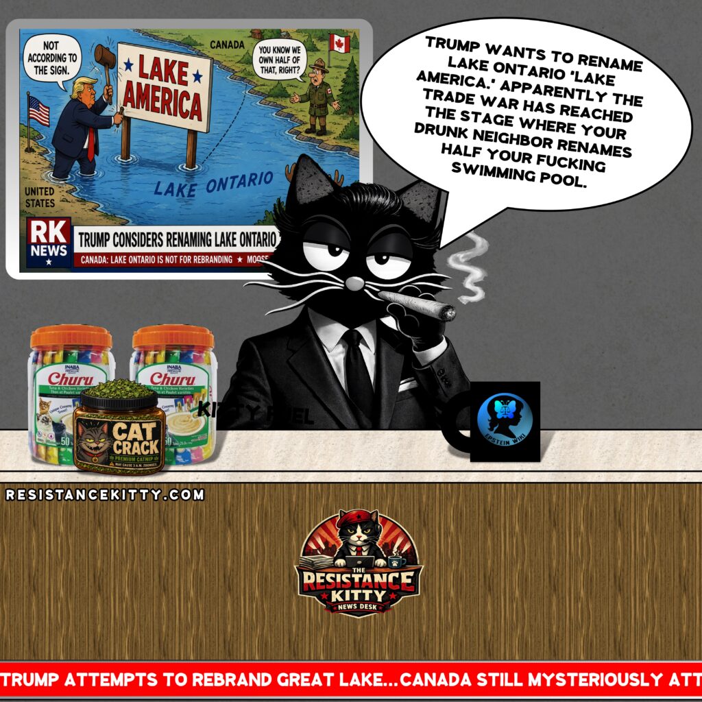 RESISTANCE KITTY SAYS, “Trump wants to rename Lake Ontario ‘Lake America.’ Apparently the trade war has reached the stage where your drunk neighbor renames half your fucking swimming pool.”