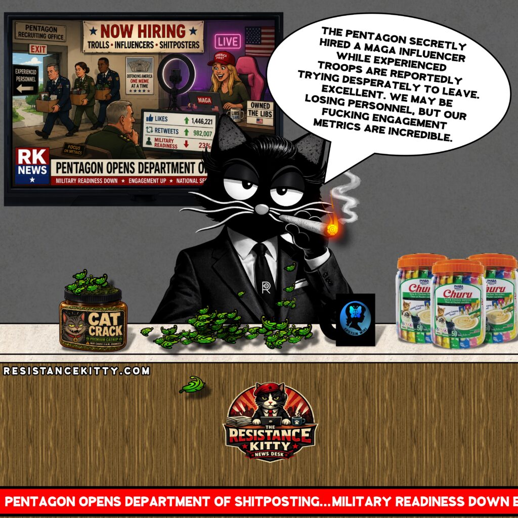 Resistance Kitty says, “The Pentagon secretly hired a MAGA influencer while experienced troops are reportedly trying desperately to leave. Excellent. We may be losing personnel, but our fucking engagement metrics are incredible.”