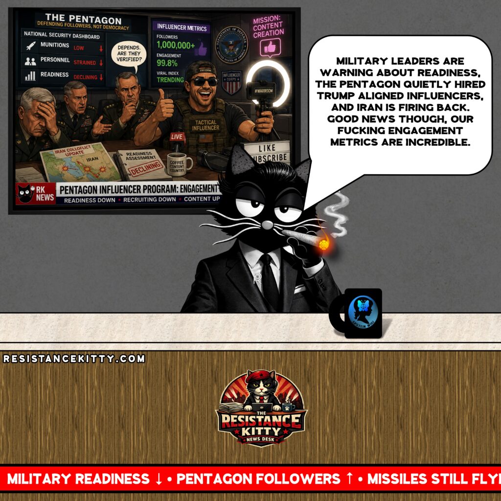 Resistance Kitty says, “Military leaders are warning about readiness, the Pentagon quietly hired Trump aligned influencers, and Iran is firing back. Good news though, our fucking engagement metrics are incredible.”