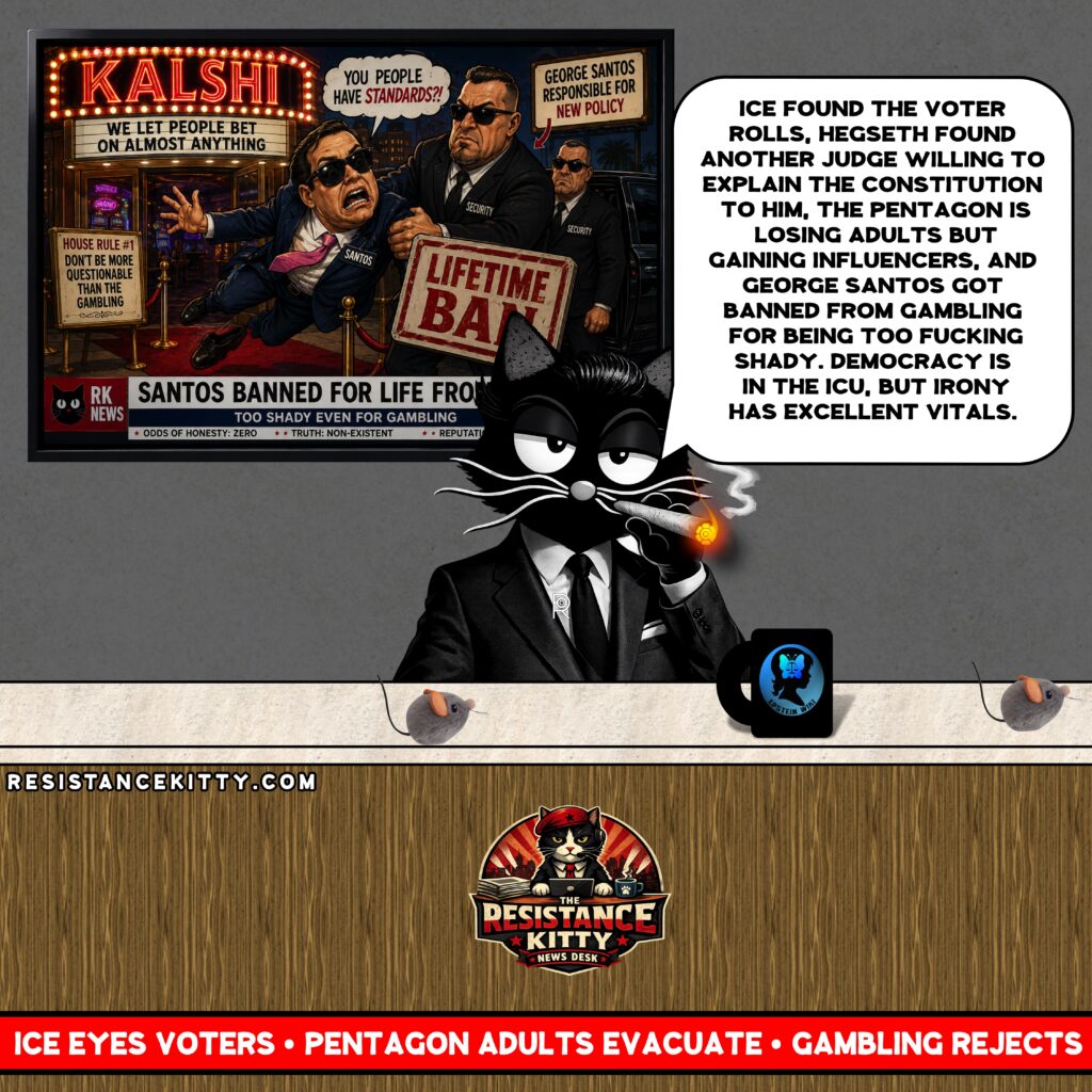 Resistance Kitty Says “ICE found the voter rolls, Hegseth found another judge willing to explain the Constitution to him, the Pentagon is losing adults but gaining influencers, and George Santos got banned from gambling for being too fucking shady. Democracy is in the ICU, but irony has excellent vitals.”