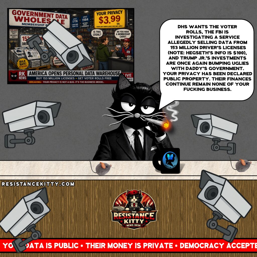 Resistance Kitty says, “DHS wants the voter rolls, the FBI is investigating a service allegedly selling data from 153 million driver's licenses (Note: Hegseth’s info is $100), and Trump Jr.'s investments are once again bumping uglies with Daddy's government. Your privacy has been declared public property. Their finances continue remain none of your fucking business.“