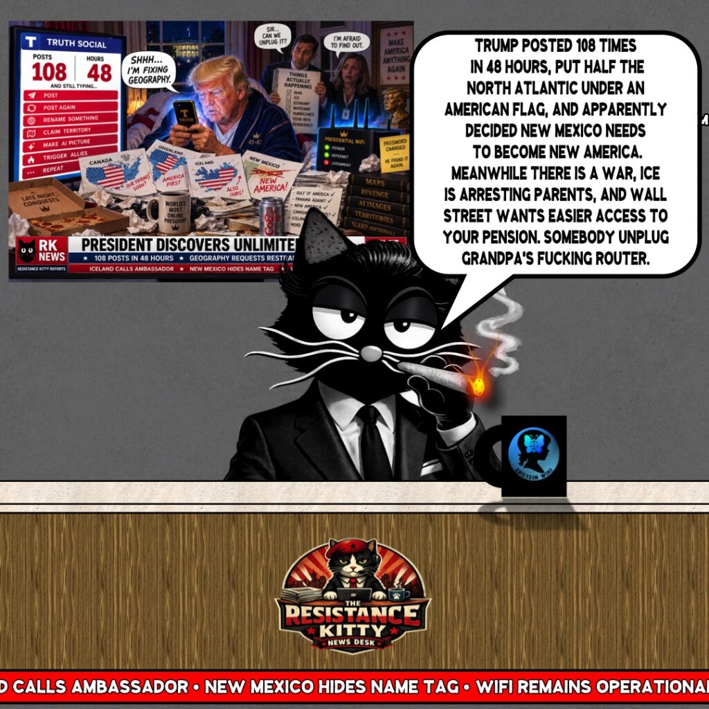 Resistance Kitty says, “Trump posted 108 times in 48 hours, put half the North Atlantic under an American flag, and apparently decided New Mexico needs to become New America. Meanwhile there is a war, ICE is arresting parents, and Wall Street wants easier access to your pension. Somebody unplug Grandpa's fucking router.”