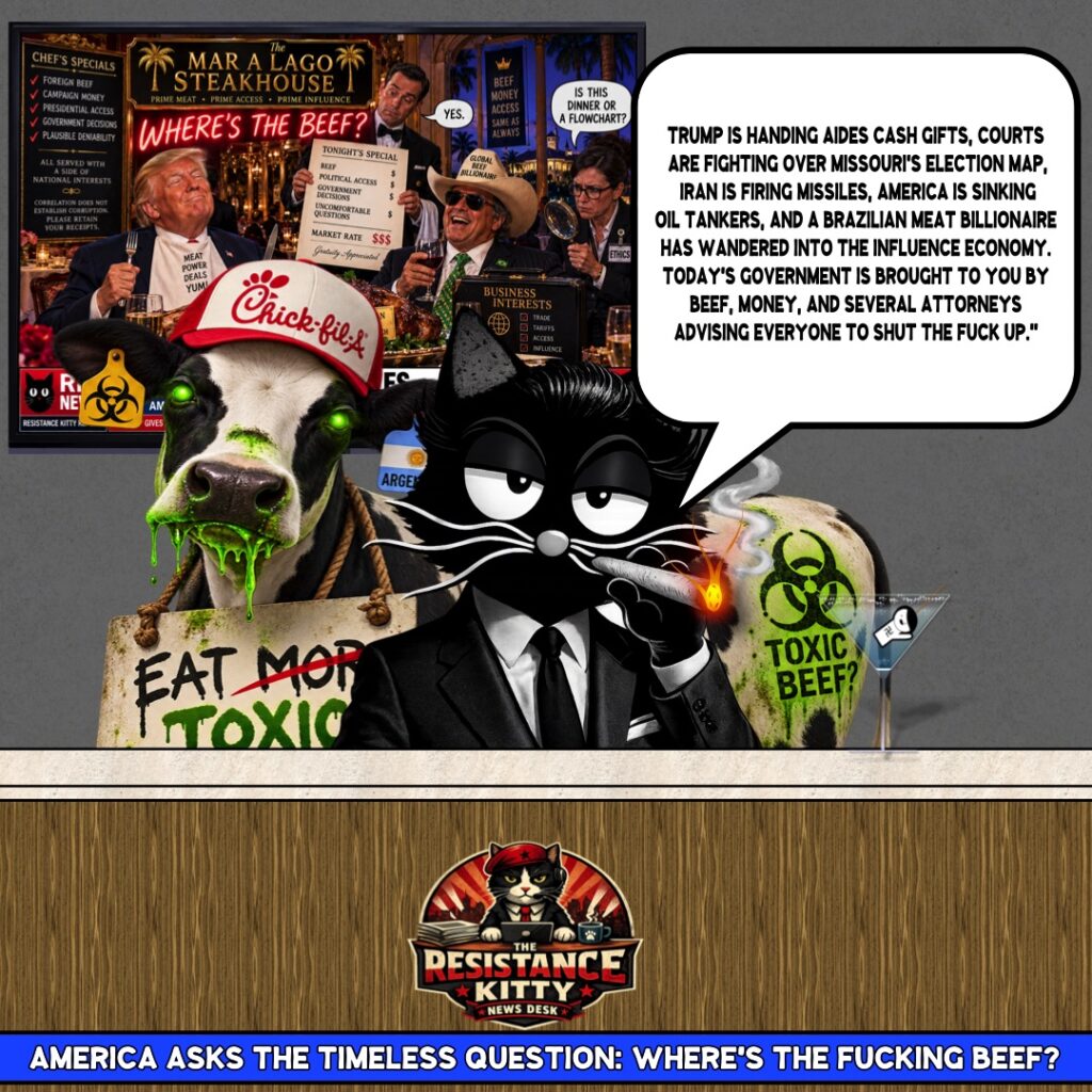 Resistance Kitty says, “Trump is handing aides cash gifts, courts are fighting over Missouri's election map, Iran is firing missiles, America is sinking oil tankers, and a Brazilian meat billionaire has wandered into the influence economy. Today's government is brought to you by beef, money, and several attorneys advising everyone to shut the fuck up.”