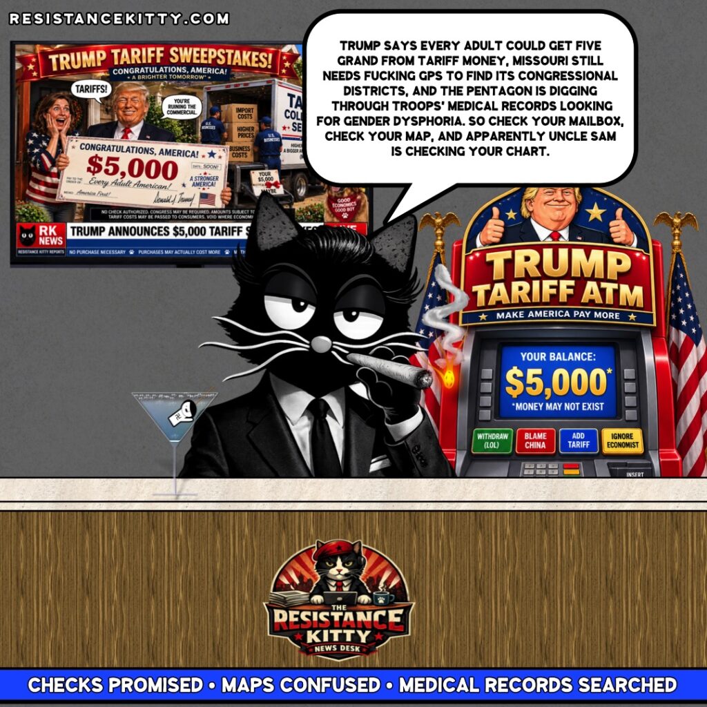 Resistance Kitty says, “Trump says every adult could get five grand from tariff money, Missouri still needs fucking GPS to find its congressional districts, and the Pentagon is digging through troops' medical records looking for gender dysphoria. So check your mailbox, check your map, and apparently Uncle Sam is checking your chart.”